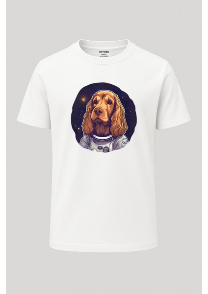 Astronot Cocker Spaniel Köpek Baskılı Bol Kalıp Bisiklet Yaka Tişört