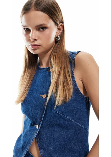 Yeni Sezon Pamuklu Kolsuz Düğmeli Kruvaze Yaka Denim Yelek