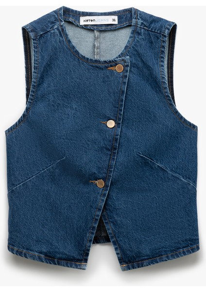 Yeni Sezon Pamuklu Kolsuz Düğmeli Kruvaze Yaka Denim Yelek