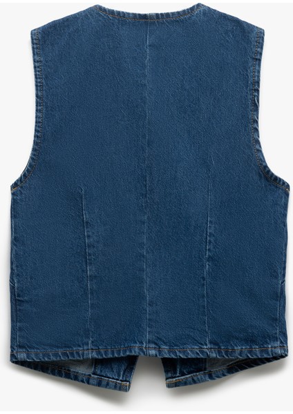 Yeni Sezon Pamuklu Kolsuz Düğmeli Kruvaze Yaka Denim Yelek