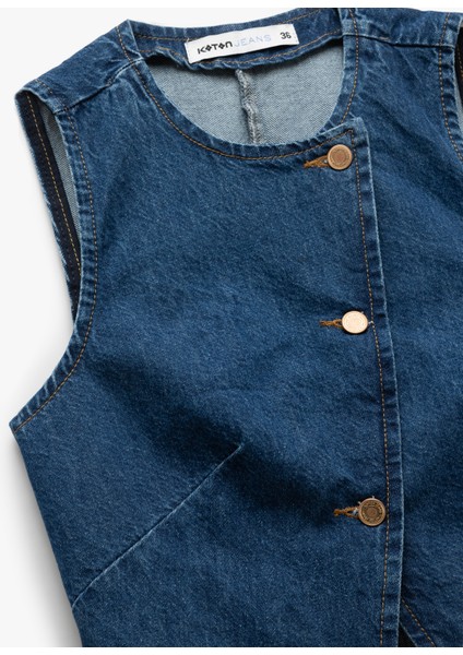 Yeni Sezon Pamuklu Kolsuz Düğmeli Kruvaze Yaka Denim Yelek