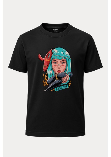 Assasin Turkuaz Saçlı Kız Baskılı Bol Kalıp Bisiklet Yaka Tişört