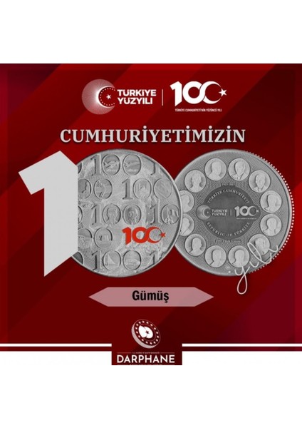 Türkiye Cumhuriyeti'nin 100.YILI Gümüş Hatıra Para Çil Sertifikalı 2023 1 Adet modelleri