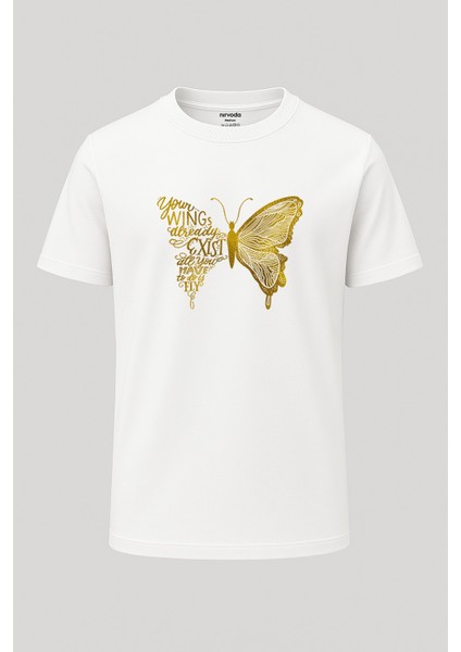 Altın Kelebek Baskılı Bol Kalıp Bisiklet Yaka Tişört
