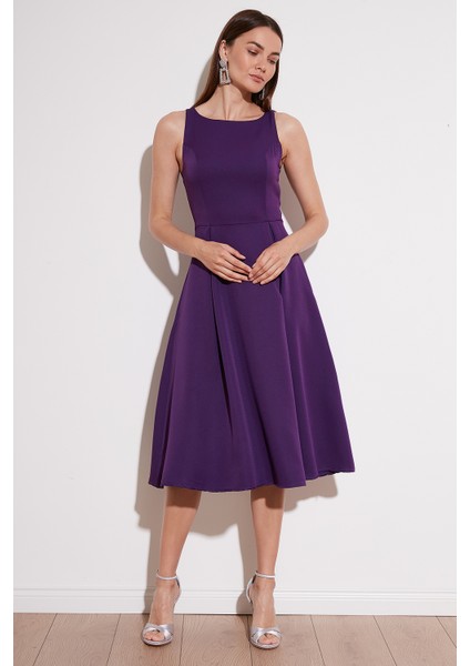 Bisiklet Yaka Regular Fit Cepli Pileli Midi Elbise Bayan Elbise 6051963