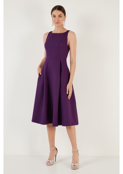 Bisiklet Yaka Regular Fit Cepli Pileli Midi Elbise Bayan Elbise 6051963