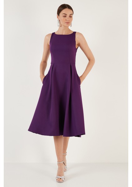 Bisiklet Yaka Regular Fit Cepli Pileli Midi Elbise Bayan Elbise 6051963