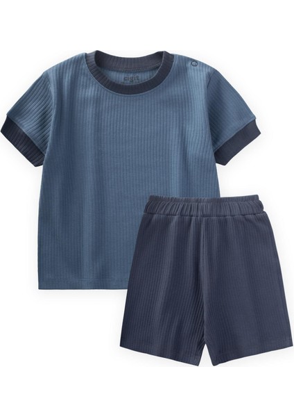 Garnili Fitilli T-Shırt Takım 1-5 Yaş Indigo Mavi