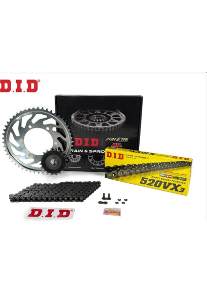 Zincir Dişli Seti Cf Moto mt (650 Cc) (2022-2023) / Cf Moto / mt / 650CC / Zincir: DID-520VX3 (ÇELIK)-116 / Ön Dişli : Jt (15T) / Arka Dişli: Sunstar (46T) / 2022-2023-2024