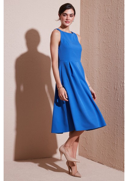 Bisiklet Yaka Regular Fit Cepli Pileli Midi Elbise Bayan Elbise 6051963