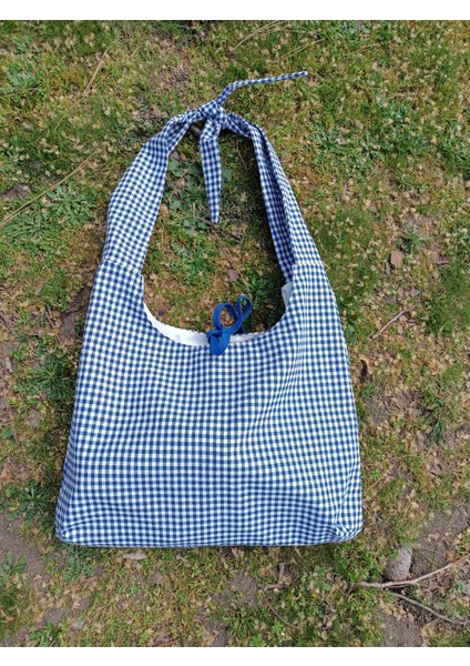 Kumaş Tote Çanta Kadın Omuz Çantası Kareli Desenli Fiyonk Detaylı modelleri