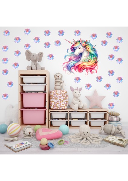 Unicorn ve Gökkuşağı Desenli Papatyalar Çocuk Odası Duvar Süsü, Duvar Sticker