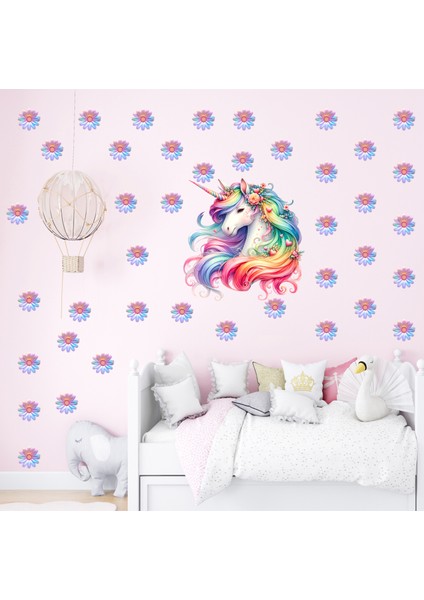Unicorn ve Gökkuşağı Desenli Papatyalar Çocuk Odası Duvar Süsü, Duvar Sticker fiyatları