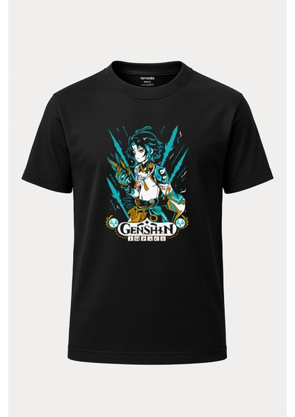 Xiao Genshin Impact Baskılı Loose Fit Bisiklet Yaka Unisex T-Shirt Siyah