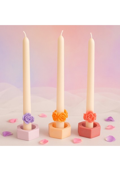Dekoratif Gül Detaylı Konik Mum Seti – 3’lü Renkli Pastel Mumluk modelleri