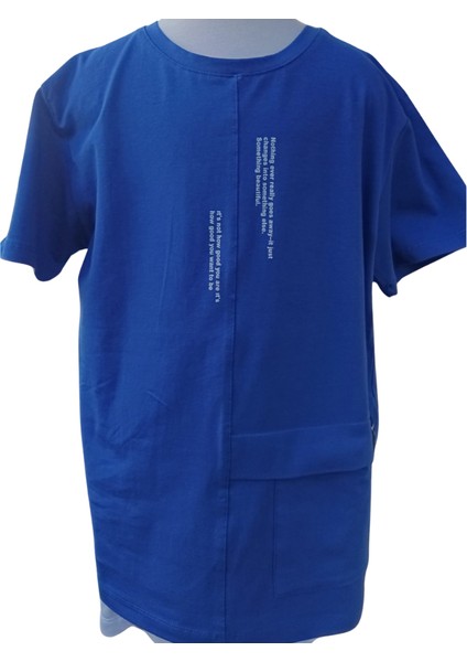 Erkek Çocuk Ön ve Arka Dijital Challenge Baskılı Mavi T-Shirt %95 Pamuk %5 Elastan Gizli Şık Cepli 12 Yaş Mavi