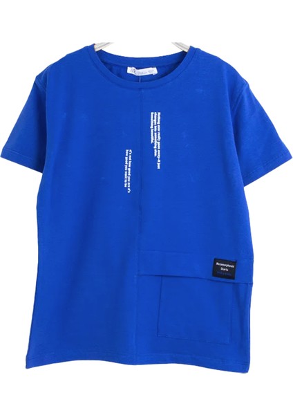 Erkek Çocuk Ön ve Arka Dijital Challenge Baskılı Mavi T-Shirt %95 Pamuk %5 Elastan Gizli Şık Cepli 12 Yaş Mavi