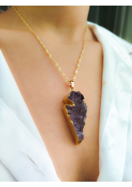 Ametist Taşlı Gold Renkli Çerçeveli ve Gold Renkli Zincirli Kadın Kolye fiyatları