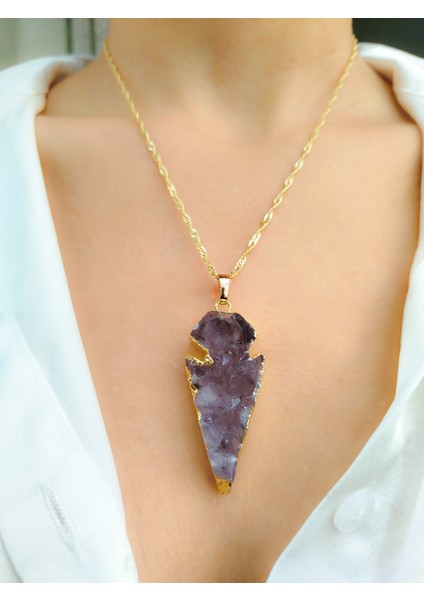 Ametist Taşlı Gold Renkli Çerçeveli ve Gold Renkli Zincirli Kadın Kolye modelleri