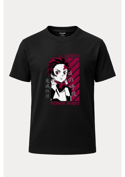 Tanjiro Demon Slayer Beyaz Baskılı Loose Fit Bisiklet Yaka Tişört Siyah