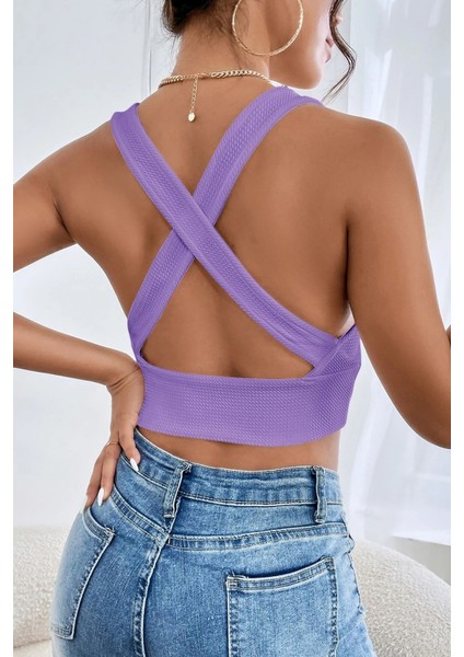 Kadın Siyah Çapraz Sırt Detaylı Şık Crop Top Büstiyer