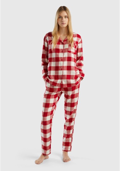 Kadın Kırmızı Mix Ekose Desenli Düğmeli Pijama Takımı
