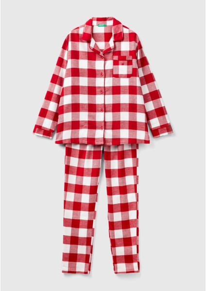 Kadın Kırmızı Mix Ekose Desenli Düğmeli Pijama Takımı fiyatları