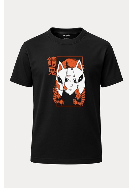 Sabito Demon Slayer Maske Baskılı Loose Fit Bisiklet Yaka Unisex Tişört Siyah