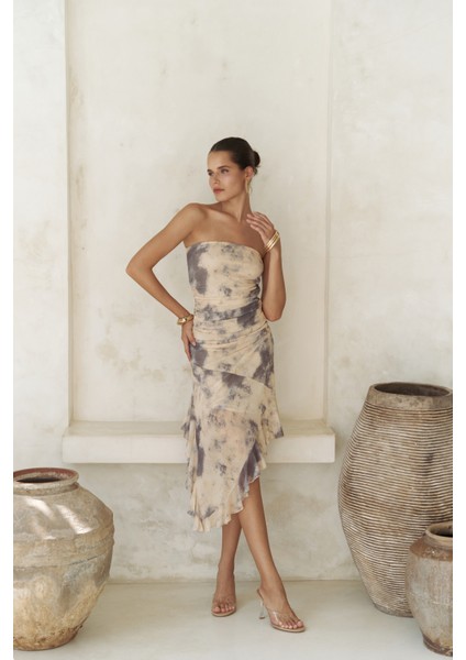 Stracnaha Drape Detaylı Sarı Straplez Elbise