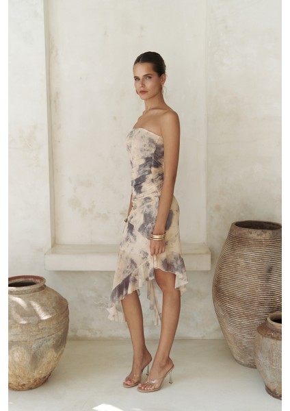 Stracnaha Drape Detaylı Sarı Straplez Elbise