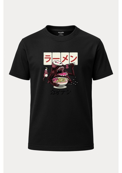 Ramen Kaonashi Ghibli Baskılı Loose Fit Bisiklet Yaka Unisex Tişört