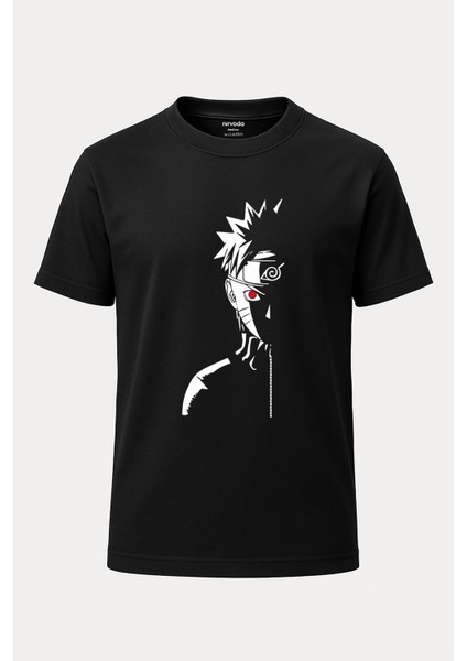 Naruto Yarım Yüz Poz Baskılı Loose Fit Bisiklet Yaka Unisex Tişört Siyah