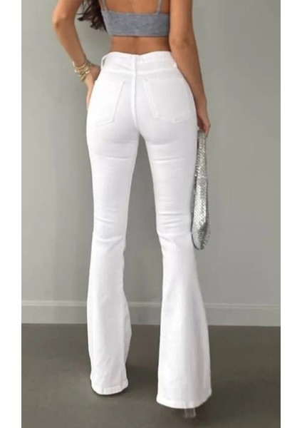Büyük Beden Ispanyol Paça Yazlık Kot Kumaş Likralı Yüksek Bel Kadın Jeans Pantolon fiyatları