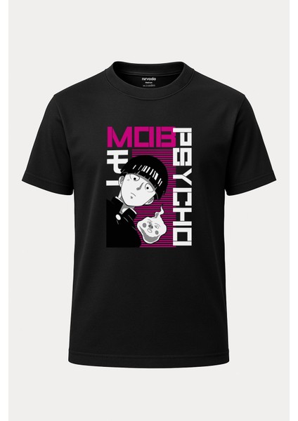Mob Psycho 100 Pembe Baskılı Loose Fit Bisiklet Yaka Unisex Tişört Siyah