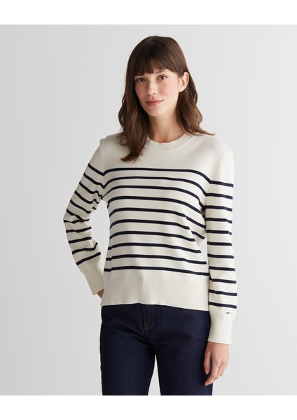 Kadın Krem Regular Fit Bisiklet Yaka Çizgili Kazak 4805320.113