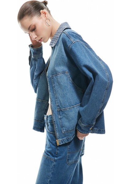 Yeni Sezon Klasik Yaka Pamuklu Fermuarlı Cep Detaylı Oversize Denim Ceket