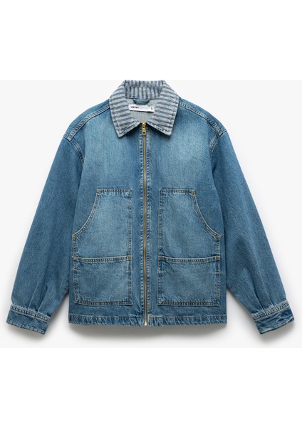 Yeni Sezon Klasik Yaka Pamuklu Fermuarlı Cep Detaylı Oversize Denim Ceket modelleri