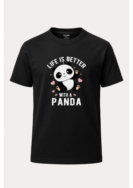 Life Is Better Panda Baskılı Loose Fit Bisiklet Yaka Unisex Tişört Siyah