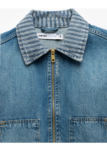 Yeni Sezon Klasik Yaka Pamuklu Fermuarlı Cep Detaylı Oversize Denim Ceket indirimleri