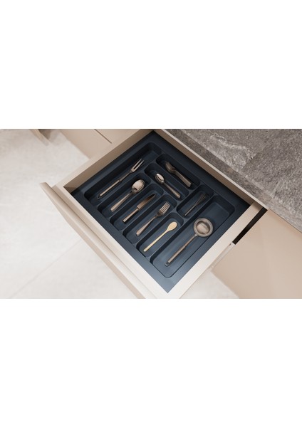 Çekmece Içi Kesilebilir Kaşıklık Organizer – 55X49 cm – Antrasit Renk – 48,5-40 cm Arası Ayarlanabilir – Mutfak Düzenleyici Çatal Kaşık Bıçak Bölmeli