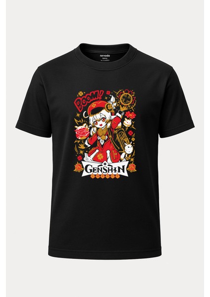 Klee Genshin Impact Baskılı Loose Fit Bisiklet Yaka Unisex Tişört Siyah