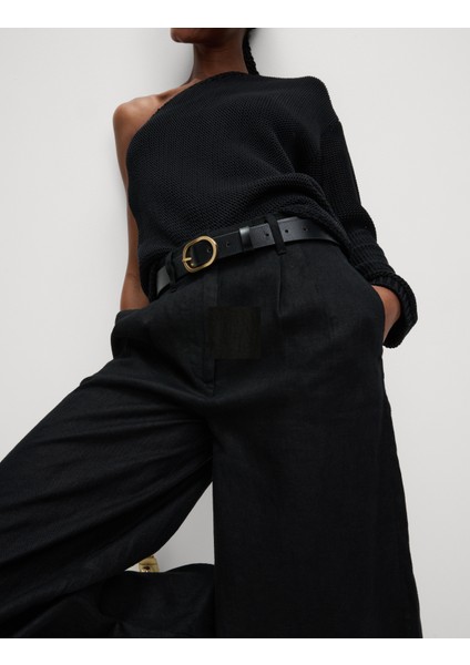 Saf Keten Wide Leg Pantolon