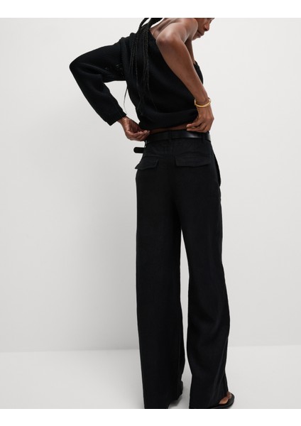Saf Keten Wide Leg Pantolon