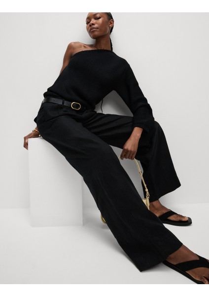 Saf Keten Wide Leg Pantolon