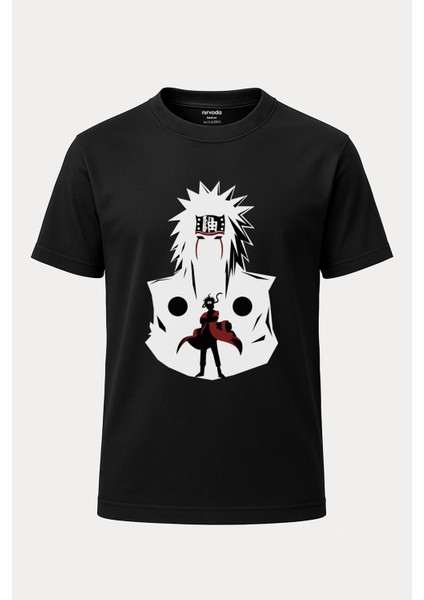 Japon Naruto Poster Baskılı Loose Fit Bisiklet Yaka Unisex Tişört Siyah