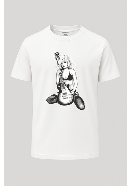 Gitarist Kız Baskılı Loose Fit Bisiklet Yaka Tişört