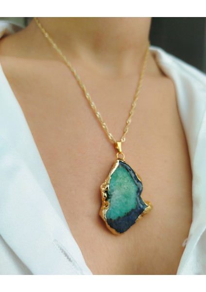 Turkuaz ve Mavi Akik Doğal Taşlı Gold Renk Çerçeveli ve Gold Renk Zincirli Kadın Kolye fiyatları