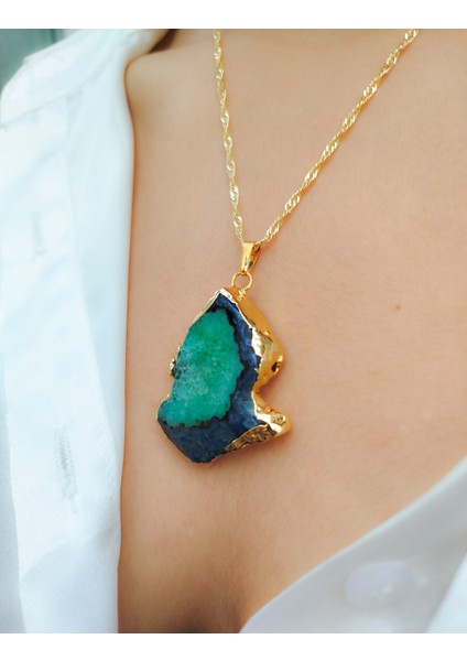Turkuaz ve Mavi Akik Doğal Taşlı Gold Renk Çerçeveli ve Gold Renk Zincirli Kadın Kolye modelleri