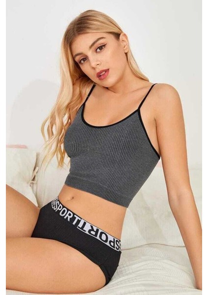 Kadın Anstrasit Gri Ip Askılı Crop Top Bluz