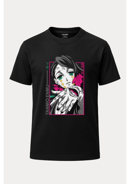 Enmu Demon Slayer Baskılı Loose Fit Bisiklet Yaka Unisex Tişört Siyah